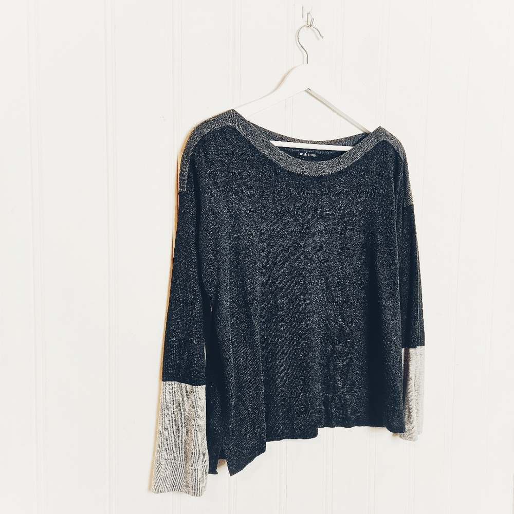 Eileen Fisher Sweater XS Colorblock Lightweight Boatneck Boxy Pullover Gray Knit